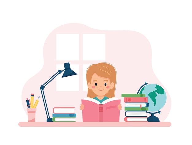 Girl reading a book sitting at a desk. Vector illustration concept in cartoon style