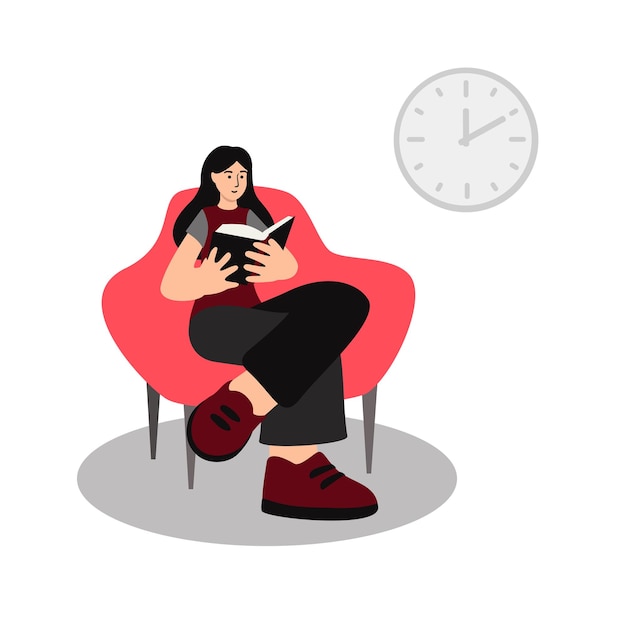 Vector girl reading book smiling sitting on sofa in library clock on wall isolated vector