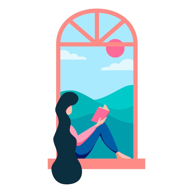 Vector girl reading a book while sitting at the window isolated on white background vector illustration