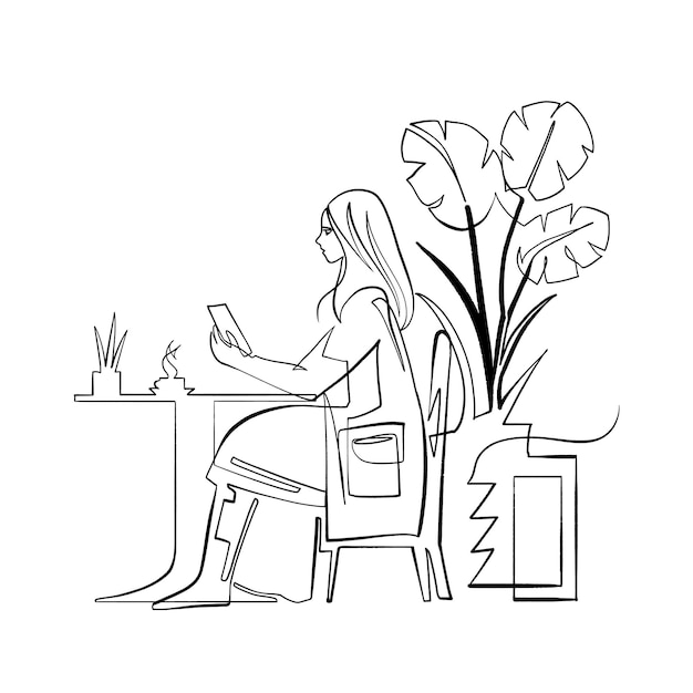 Girl reading while sitting at a table in a cafe, continuous line