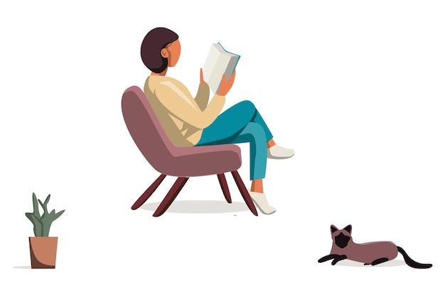 a girl reads a book in an armchair next to a siamese cat and a cactus. Vector illustration