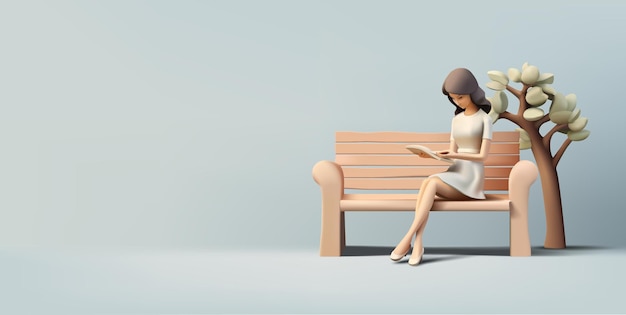 A girl reads a book on a bench and a tree 3D Banner for the concepts of rest leisure pleasant