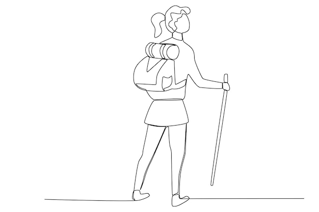 A girl ready to go hiking with her backpack and a stick one line art