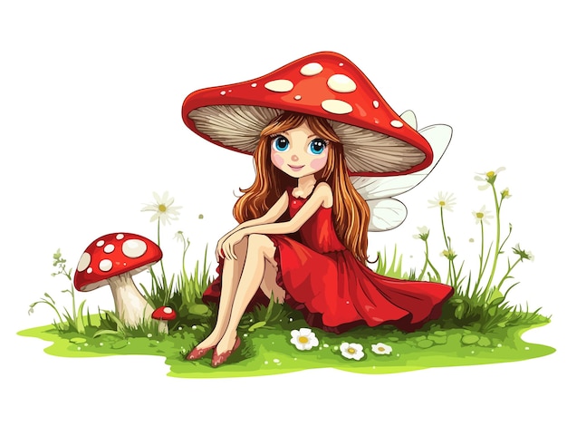 Vector a girl in a red dress sits in the grass with a mushroom