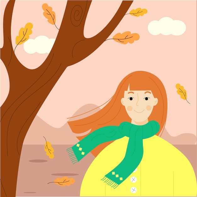 The girl redheaded autumn next to the tree and falling leaves in a yellow jacket and green scarf