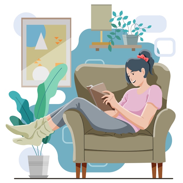 girl relax on sofa reading a book