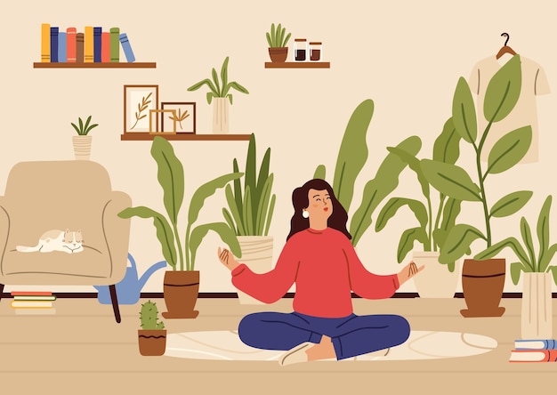 Girl relaxed in home garden Recreation time young happy female character and plants in pots Woman meditation in room vector concept Illustration recreation harmony place for meditation