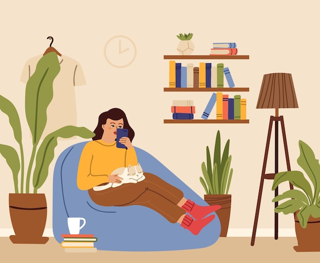 Girl relaxed Woman home cat sleep on knee Young female using smartphone in living room House garden domestic plants in relax zone vector concept Illustration woman in house cozy chair