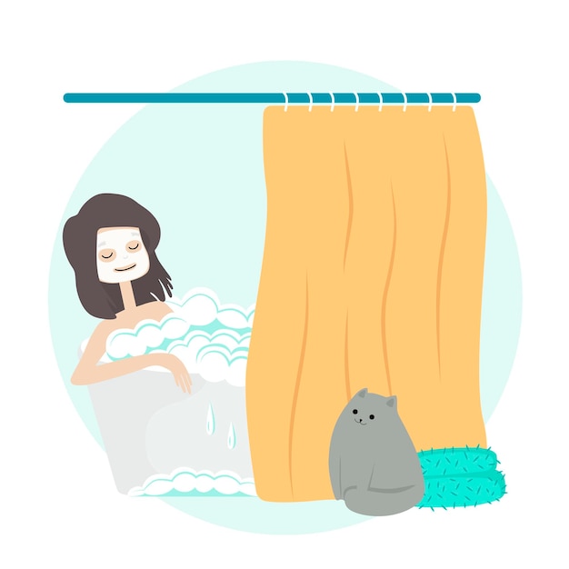 Girl relaxing in bathtub with bubbles taking a bath in bathroom Face care maskSkin care Daily Routine Activities Life with catVector flat