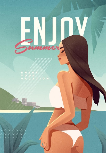 Girl relaxing on the beach Summer vacation poster design template with sexy female on the beach