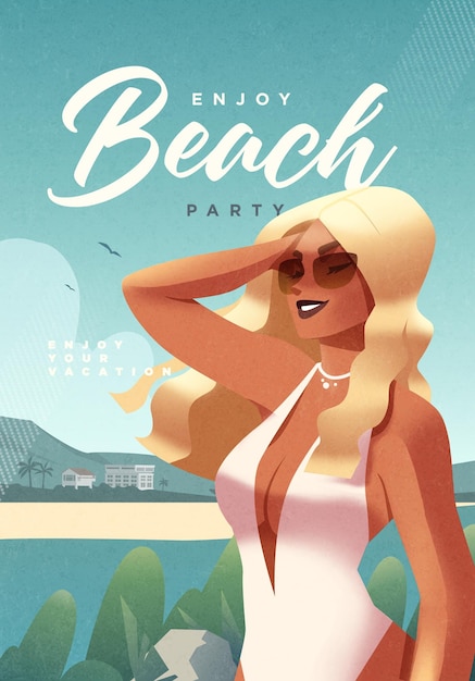 Girl relaxing on the beach Summer vacation poster or flyer design template with sexy female