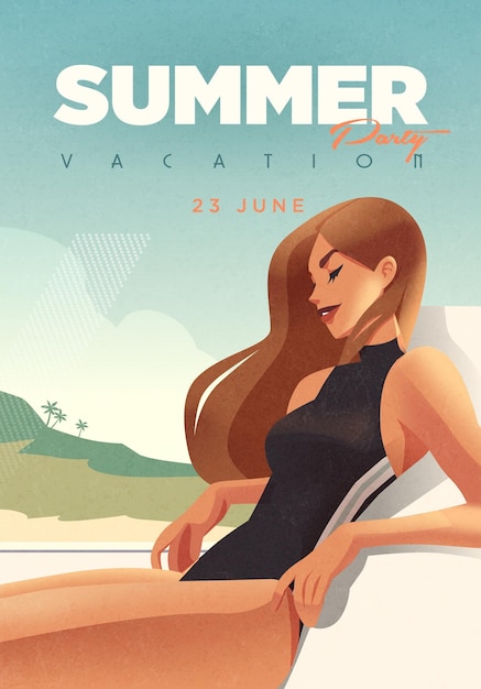 Girl relaxing on the beach Summer vacation poster with sexy female on the beach