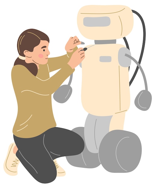 A girl repairs a robot