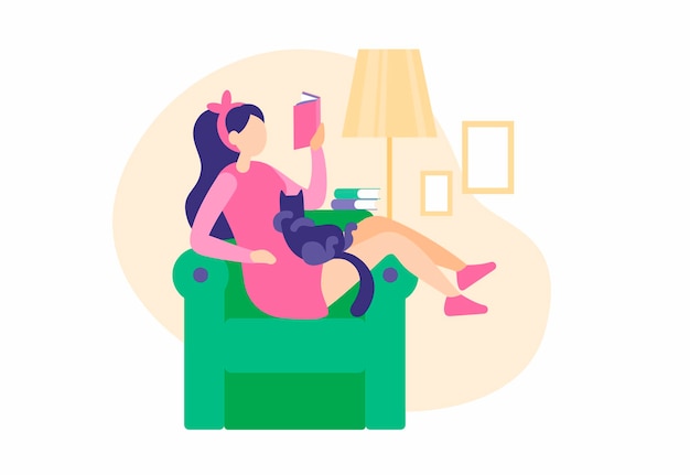 Girl resting at home reading book. Woman in pink robe sitting comfortably on armchair leafing through novel. Sleepy cat lounging knees dozing. Cozy weekend relaxation. Vector flat illustration