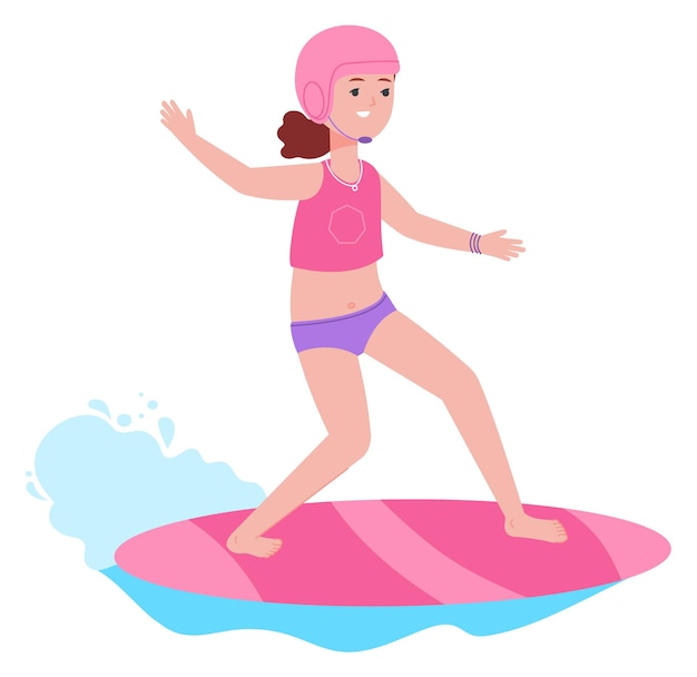 Girl ride surfing board on water Happy kid character