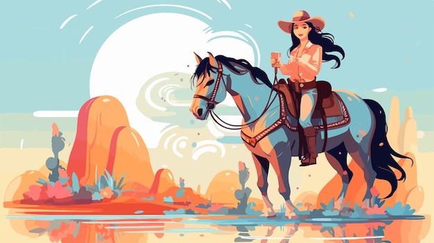 Vector a girl rides a horse in the water