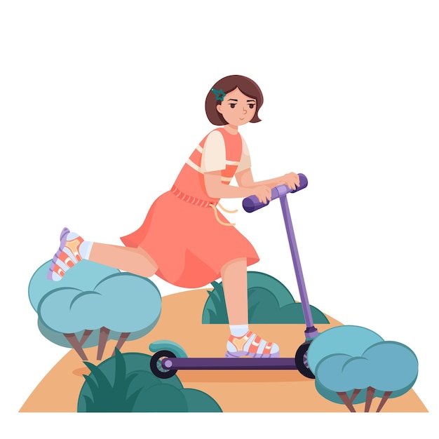 Girl rides a scooter. Summer activities. Vector illustration