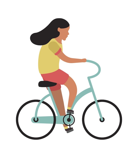 Girl riding bicycle. Simple young character cyclist teenager rides on bike. Outdoor activities in park, healthy leisure lifestyle. Flat vector cartoon isolated illustration