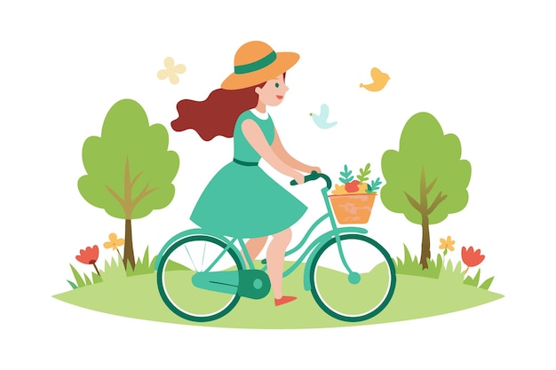 Girl riding bicycle with basket of flowers in a park