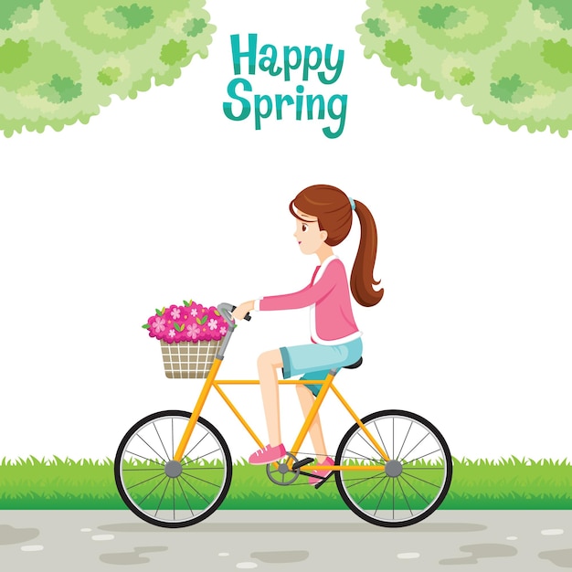 Girl Riding Bicycle With Flower In Basket Front Of Bicycle