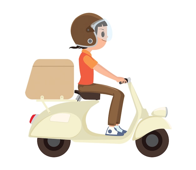 A girl riding a delivery scooter