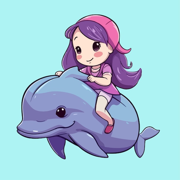 A girl riding a dolphin with purple hair and purple hair.