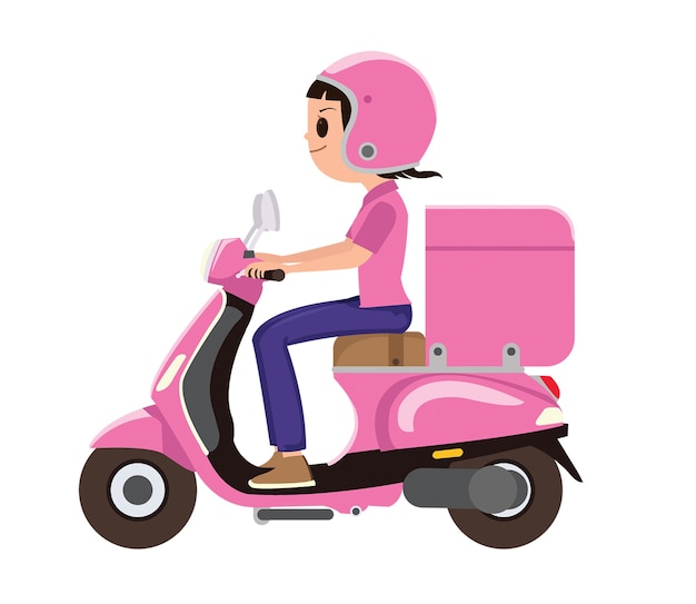 A girl riding a pink delivery scooter