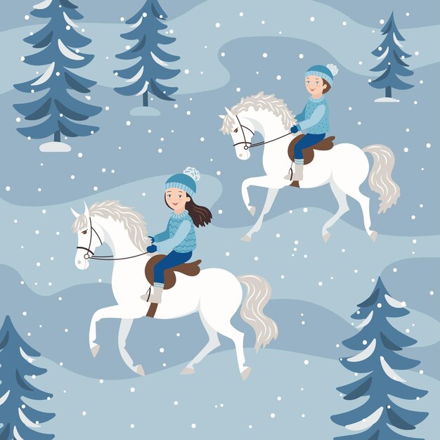 Vector girl riding a pony in a winter forest vector illustration