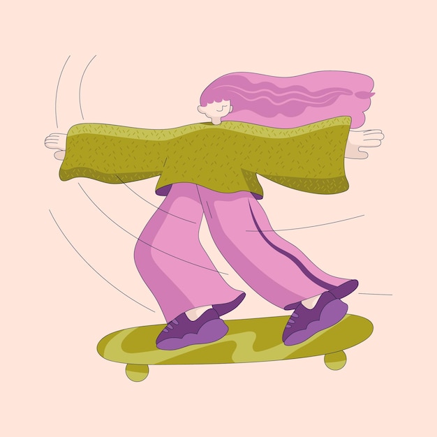 Girl on roller skates. Vector flat illustration. Teen active lifestyle