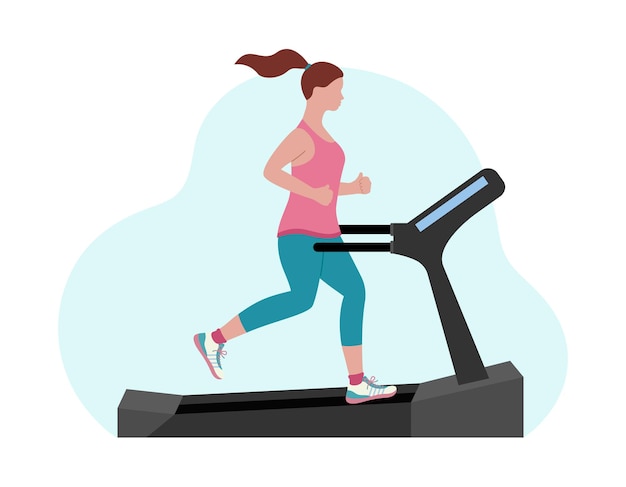 Girl running on treadmill Young woman jogging on fitness equipment Endurance cardio run training Flat vector illustration