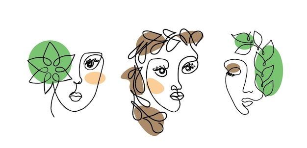 Girl's face in one line in color hand drawn in vector.Doodle style.