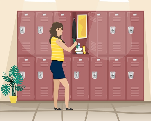 Vector girl schoolgirl about school locker with things. school corridor.  cartoon concept.