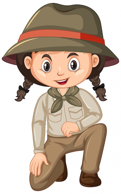 Girl in scout uniform sitting on white