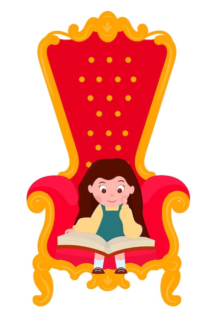 A girl setting in a royal chair and reading a book