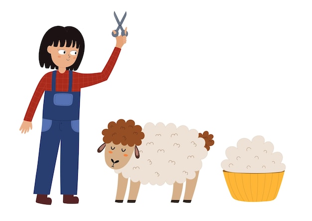 Girl shearing sheep set with cute farm characters Farmer cutting the sheep wool print in cartoon st