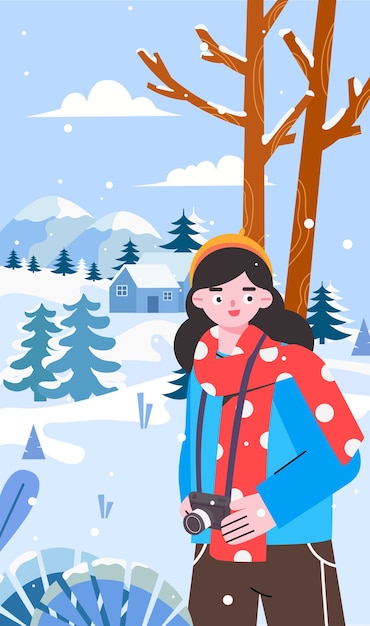 girl shooting snow scene in winter