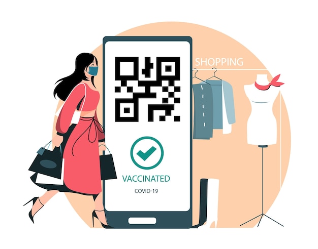 A girl shopping in a shopping mall with a Qr code about vaccination against covid . Antiviral measures. The concept of information illustration.