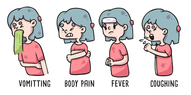 girl showing coronavirus symptoms drawing illustration