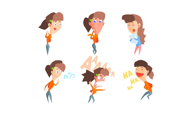 Girl showing different emotions set girl with different facial expressions and poses vector Illustration isolated on a white background