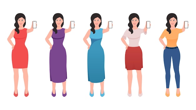 Girl showing mobile screen and other hand on waist flat character vector illustration set