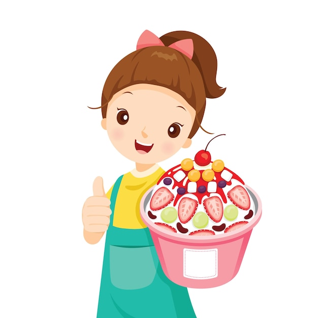 Girl Showing Shave Ice With Topping, Frozen Food