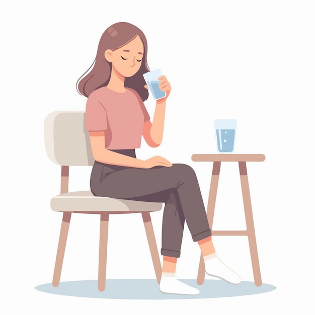 a girl sits on a chair and holds a glass of water