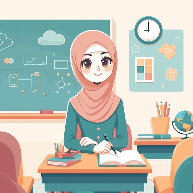 a girl sits at a desk in front of a chalkboard with drawings on the wall