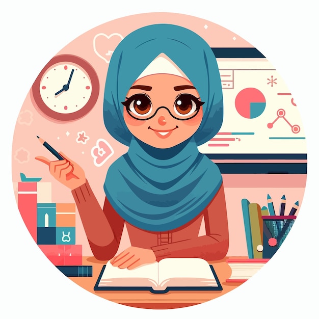 a girl sits at a desk with a blue scarf on her head and a book with the words  she is studying