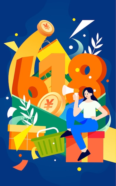 Girl sits in a shopping cart with various gift boxes and shopping bags in the background vector