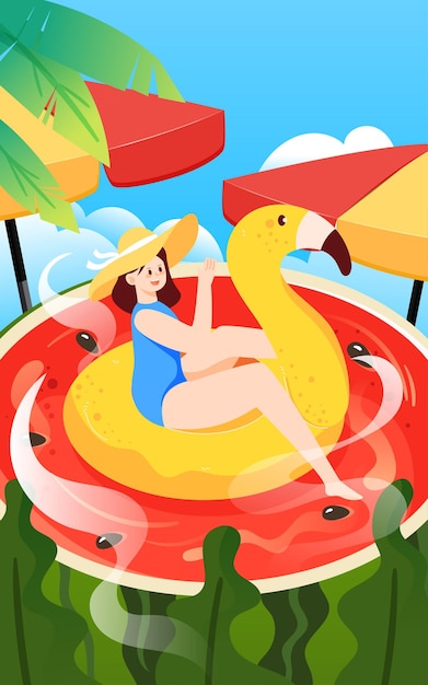 Girl sits on a swimming ring in a watermelon pond vector illustration