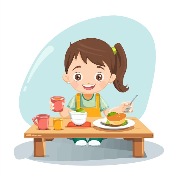 Vector a girl sits at a table with a plate of food and a book titled quot the child is looking at quot