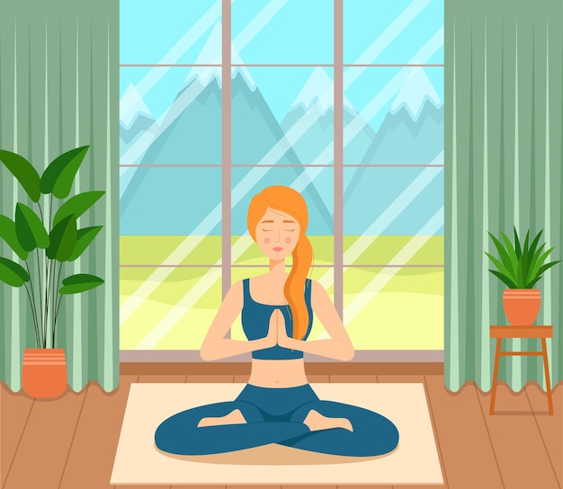 Girl sitting crossed legs in room, practicing yoga and meditation, vector illustration