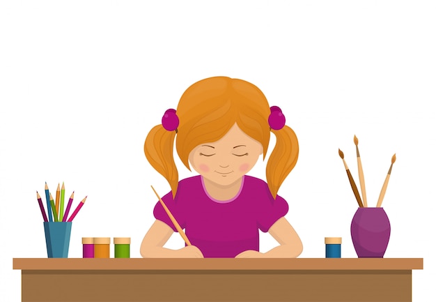 Girl sitting and drawing at the table. Child draws, young artist.