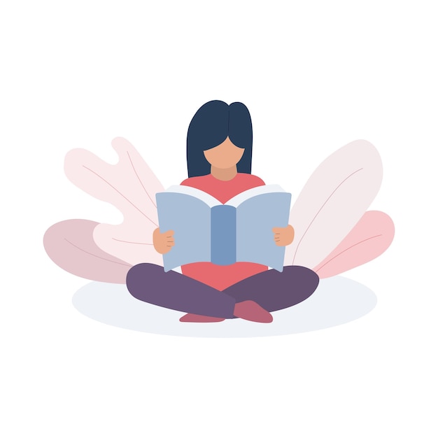 Girl sitting on the floor and reading a book Vector and Illustration